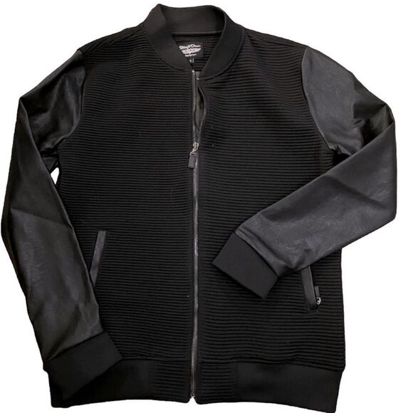 Straight Down Bomber Style Jacket, Faux Leather trim, Black Size Large - Picture 1 of 5